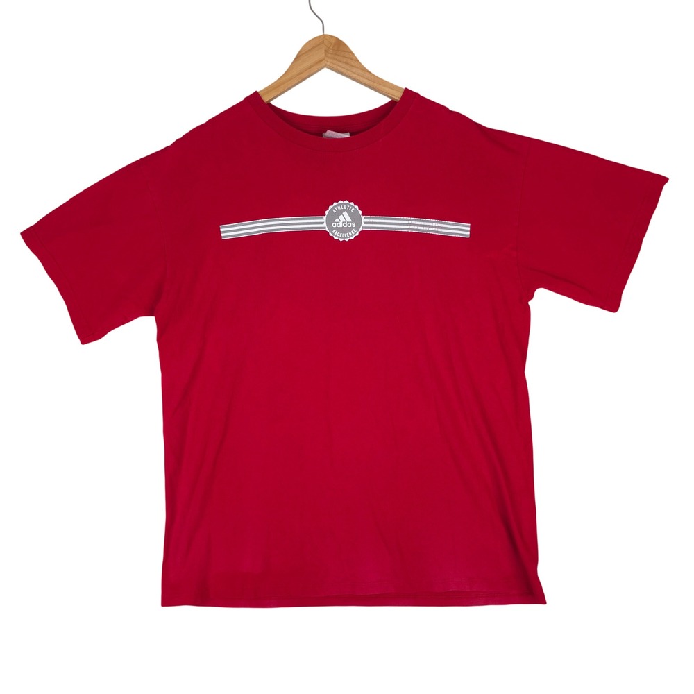 Vtg Adidas Graphic T-Shirt Mens L Red Athletic‎ Excellence Short Sleeve Y2K